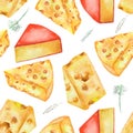 A seamless watercolor pattern with the hard Dutch cheeses and spices. Painted on a white background.