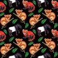 Seamless watercolor pattern hyperrealistic nature of the tropics of Asia - tapir, tarsier, red panda and palm leaves