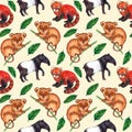 Seamless watercolor pattern hyperrealistic nature of the tropics of Asia - tapir, tarsier, red panda and palm leaves