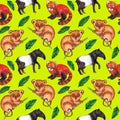 Seamless watercolor pattern hyperrealistic nature of the tropics of Asia - tapir, tarsier, red panda and palm leaves