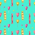 Seamless Watercolor pattern illustration of candy set. Bright colored elements on a turquoise background