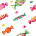 Seamless Watercolor pattern illustration of candy set Bright colored elements on white isolated background