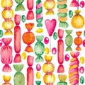 Seamless Watercolor pattern illustration of candy set Bright colored elements on white isolated background