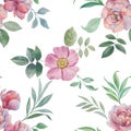 Seamless watercolor pattern. Illustration of flowers and leaves.