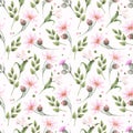 Seamless watercolor pattern with the image of pink daisies, forget-me-nots, thistles and green leaves on a white background.