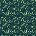 Seamless watercolor pattern with large branches and bamboo leaves on a dark background.