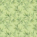 Seamless watercolor pattern with large branches and bamboo leaves on a green background. Royalty Free Stock Photo