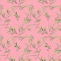 Seamless watercolor pattern with large branches and bamboo leaves on a pink background.
