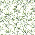 Seamless watercolor pattern with large branches and bamboo leaves on a white background.