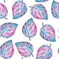 Seamless watercolor pattern of large leaves on a white background. Royalty Free Stock Photo