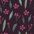 Seamless watercolor pattern of little wild carnation and leaves