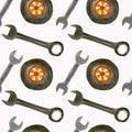 Seamless watercolor pattern machine wheel and wrench tools.