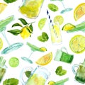 Seamless watercolor pattern with margarita, green tea in decanter, glasses, lime, mint.