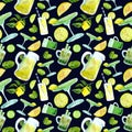 Seamless watercolor pattern with margarita, green tea in decanter, glasses, lime, mint.