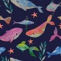 seamless watercolor pattern marine theme dolphins whales algae starfish blue pink green orange children's graphics