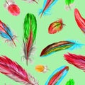 Seamless watercolor pattern of multi-colored feathers on a green background Royalty Free Stock Photo