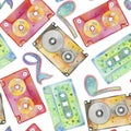 Seamless watercolor pattern of multicolored audio cassettes.