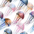 Seamless watercolor pattern of multicolored transparent jellyfish.