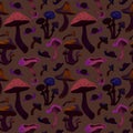 Seamless watercolor pattern of mushrooms on brown background Royalty Free Stock Photo