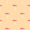 Seamless watercolor pattern with mushrooms, fly agaric, poisonous mushroom
