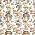 Seamless Watercolor Pattern With Mushrooms. Hand-drawn Oiler And Spider Web Yellow Fungus Repeat Paper . Design For Clothing,