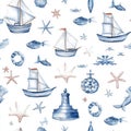 Seamless watercolor pattern with nautical elements. Vector illustration. Royalty Free Stock Photo