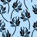 Seamless watercolor pattern with navy succulents on light blue background. Abstract desert plants, cactus. Hand painted Royalty Free Stock Photo