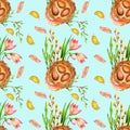 Seamless watercolor pattern with nests with eggs, decorated with flowers, leaves, feathers and twigs on light blue