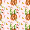Seamless watercolor pattern with nests with eggs, decorated with flowers, leaves, feathers and twigs on light pink background.