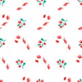 Seamless christmas watercolor pattern with candy and berries on the white background, can be used for greeting cards,textile print