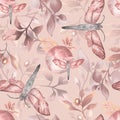 Seamless watercolor pattern with  night moth and floral in trendy neutral colors. Night butterfly background in modern color.Hand Royalty Free Stock Photo