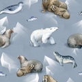 Seamless watercolor pattern about north fauna. Ice and sea animal. White bear, warlus, fish and seal on snow