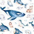 Seamless watercolor pattern nursery polar arctic animals watercolor collection set. snowy owl. reindeer. polar bear. fox. penguin Royalty Free Stock Photo