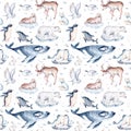 Seamless watercolor pattern nursery polar arctic animals watercolor collection set. snowy owl. reindeer. polar bear. fox. penguin Royalty Free Stock Photo