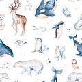 Seamless watercolor pattern nursery polar arctic animals watercolor collection set. snowy owl. reindeer. polar bear. fox. penguin Royalty Free Stock Photo