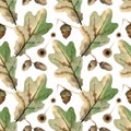 Seamless watercolor pattern with oak leaves and acorn. Autumn background with green and brown leaf, acorns, tree branch for fall