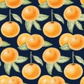 Seamless watercolor pattern with orange tangerines, with leaves on a dark blue background