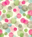 Seamless watercolor pattern with overlapped colorful dots - red, green, grey tints.