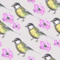 Watercolor pattern with painted birds and pink flowers on a light gray background Royalty Free Stock Photo