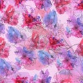 Seamless watercolor pattern with painted large flowers in pink colors on a bright pink background