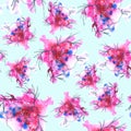 Seamless watercolor pattern with painted large flowers in pink colors on a light blue background