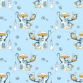 Seamless watercolor pattern with painted modern robots for pets. Gears, science, technology, gadgets for life