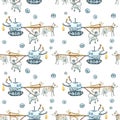 Seamless watercolor pattern with painted modern robots for pets. Gears, science, technology, gadgets for life