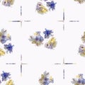 Seamless watercolor pattern with painted multicolored flowers with stripes on a white background