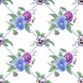 Seamless watercolor pattern of pansies. Royalty Free Stock Photo