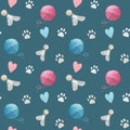 Seamless watercolor pattern with pastel paw prints, hearts, toys and clews on blue background