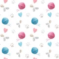 Seamless watercolor pattern with pastel paw prints, hearts, toys and clews on white background