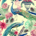 Seamless watercolor pattern with peacocks. Hand drawn .