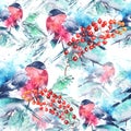 Seamless watercolor pattern with a picture of a bird, bullfinch. A bird on a spruce branch, branch with berry viburnum, mountain a