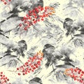 Seamless watercolor pattern with a picture of a bird, bullfinch. A bird on a spruce branch, branch with berry viburnum, mountain a